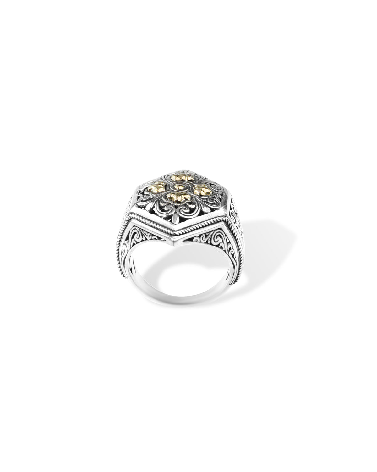 Balinese Batik Floral Sterling Silver Statement Ring with 18K Gold Accents