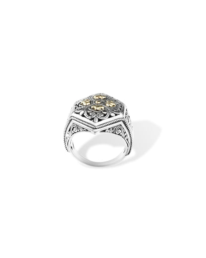 Balinese Batik Floral Sterling Silver Statement Ring with 18K Gold Accents