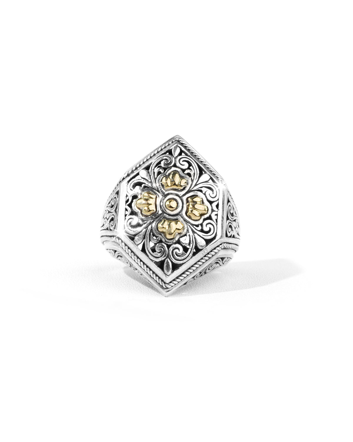 Balinese Batik Floral Sterling Silver Statement Ring with 18K Gold Accents