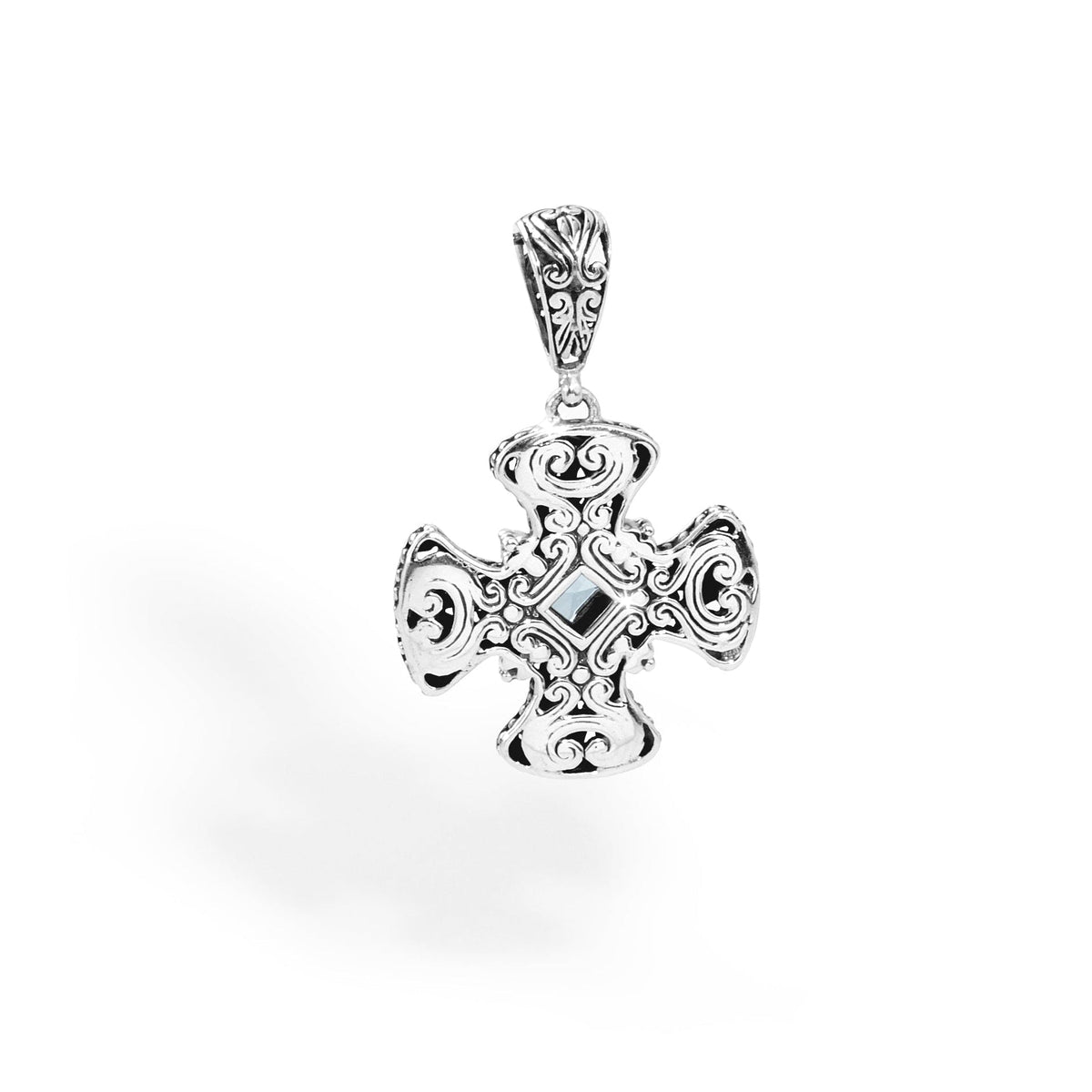 Ornate Balinese Silver Cross Pendant with Blue Topaz