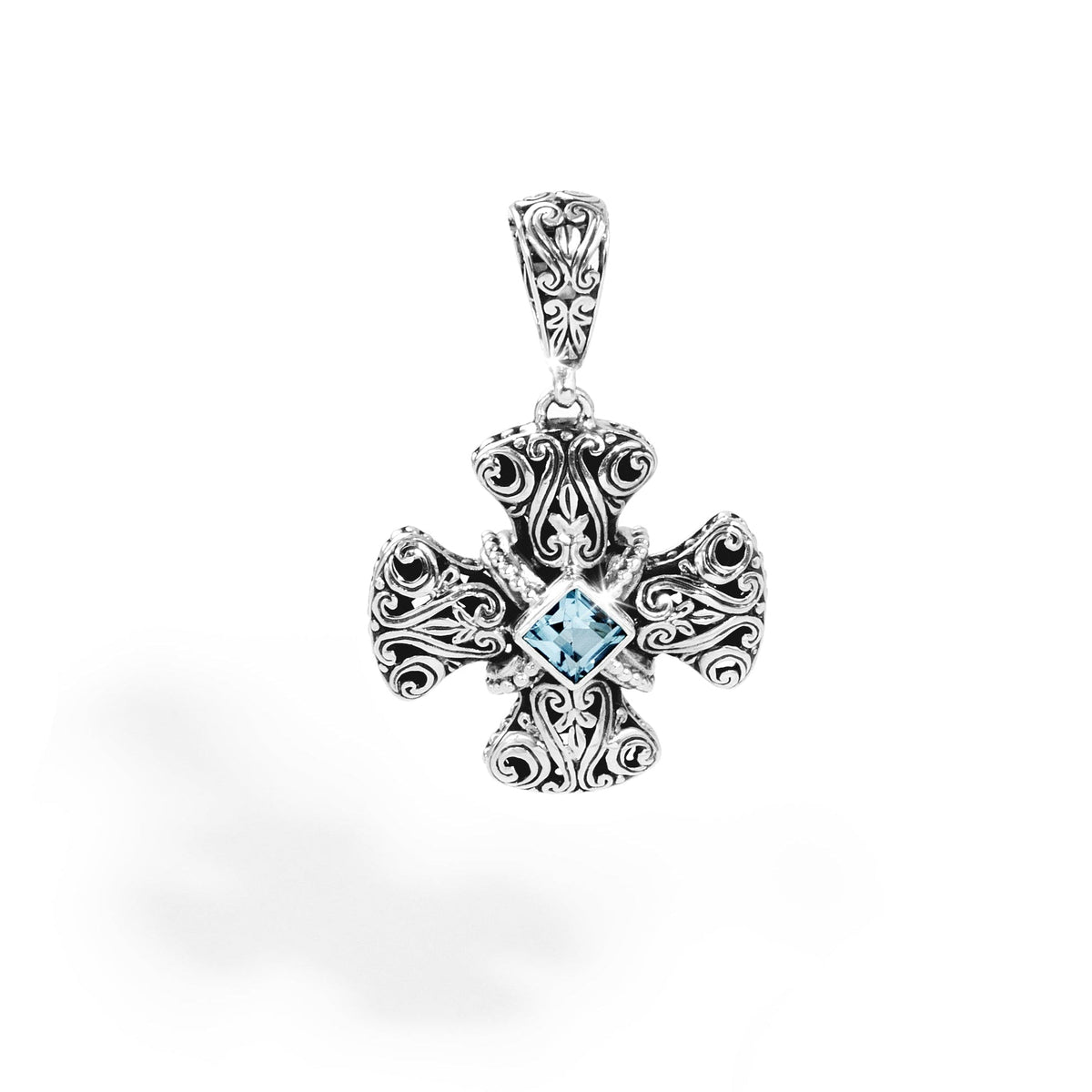 Ornate Balinese Silver Cross Pendant with Blue Topaz