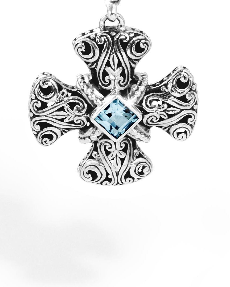 Ornate Balinese Silver Cross Pendant with Blue Topaz