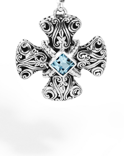 Ornate Balinese Silver Cross Pendant with Blue Topaz