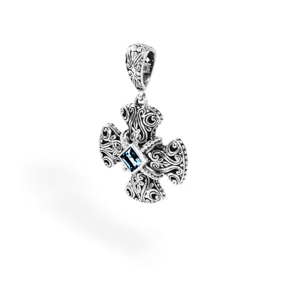 Ornate Balinese Silver Cross Pendant with Blue Topaz