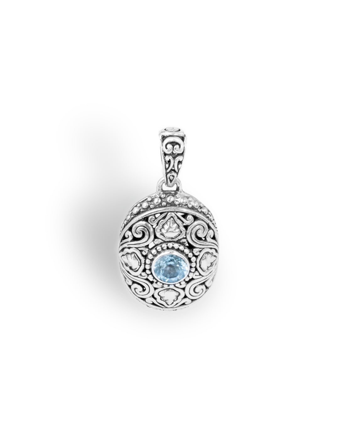 Round Blue Topaz Balinese Sterling Silver Pendant with Ornate Floral Scrollwork