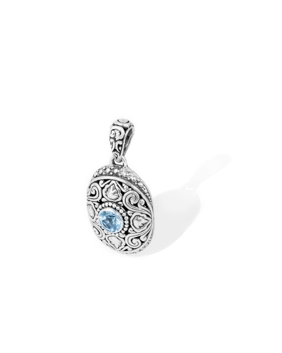 Round Blue Topaz Balinese Sterling Silver Pendant with Ornate Floral Scrollwork
