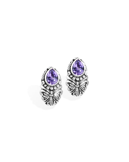 Balinese Butterfly Sterling Silver Stud Earrings with Pear-Shaped Amethyst Gemstones