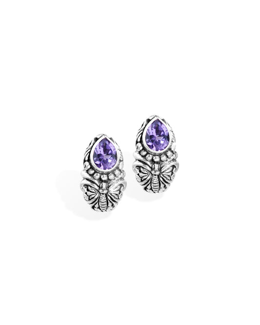 Balinese Butterfly Sterling Silver Stud Earrings with Pear-Shaped Amethyst Gemstones