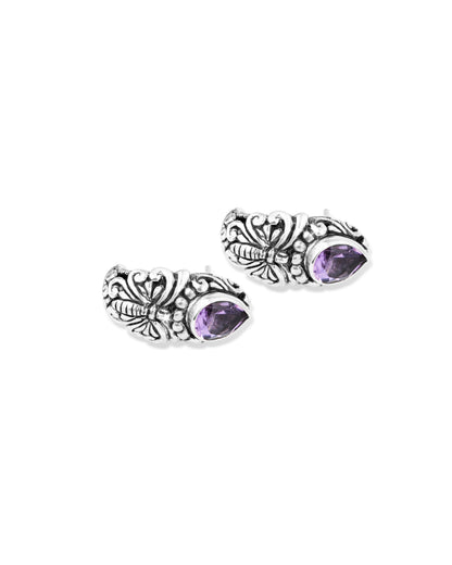 Balinese Butterfly Sterling Silver Stud Earrings with Pear-Shaped Amethyst Gemstones