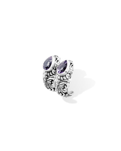 Balinese Butterfly Sterling Silver Stud Earrings with Pear-Shaped Amethyst Gemstones