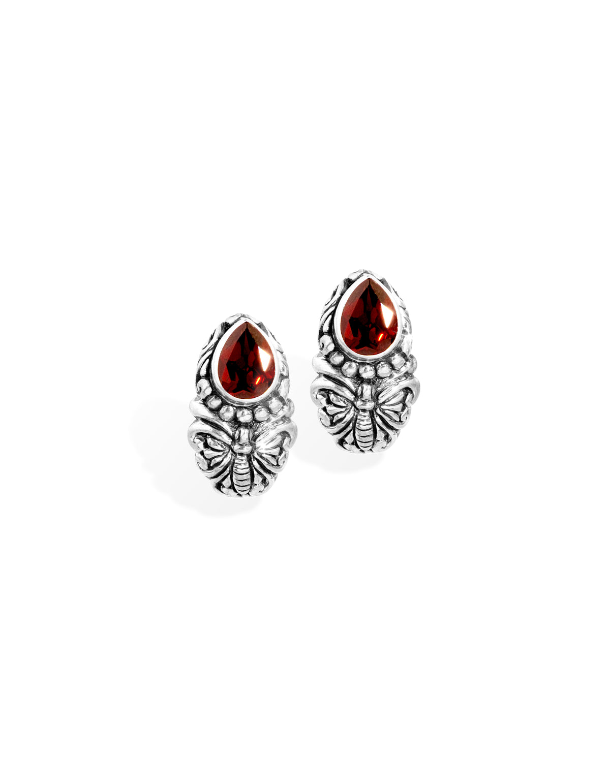 Balinese Butterfly Sterling Silver Stud Earrings with Pear-Shaped Garnet Gemstones