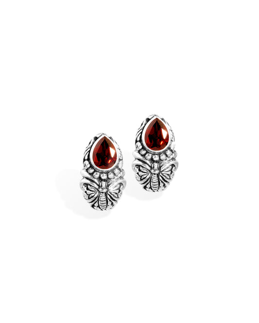 Balinese Butterfly Sterling Silver Stud Earrings with Pear-Shaped Garnet Gemstones
