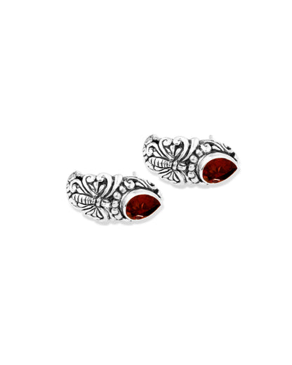 Balinese Butterfly Sterling Silver Stud Earrings with Pear-Shaped Garnet Gemstones