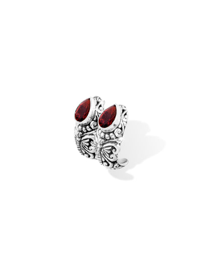 Balinese Butterfly Sterling Silver Stud Earrings with Pear-Shaped Garnet Gemstones