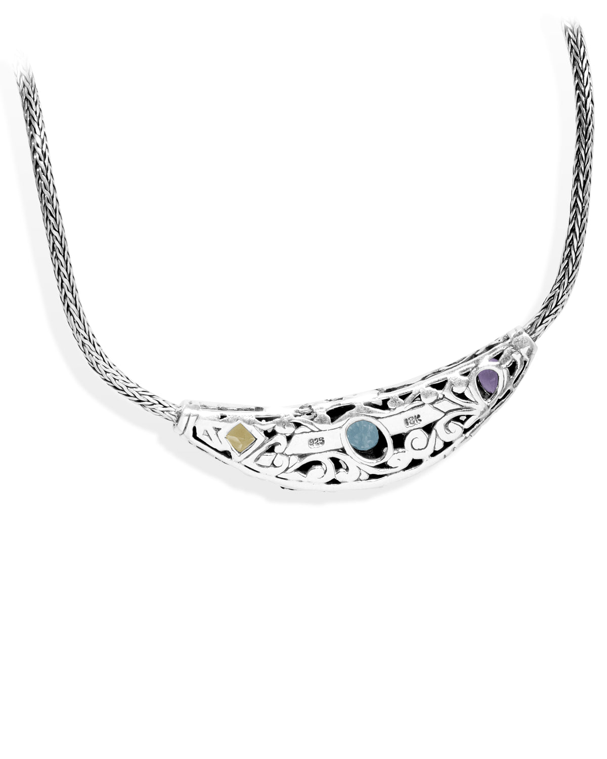 Balinese Butterfly Floral Carved Sterling Silver 925 Necklace with Blue Topaz, Amethyst, Citrine & 18K Gold Accents