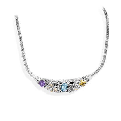 Balinese Butterfly Floral Carved Sterling Silver 925 Necklace with Blue Topaz, Amethyst, Citrine & 18K Gold Accents