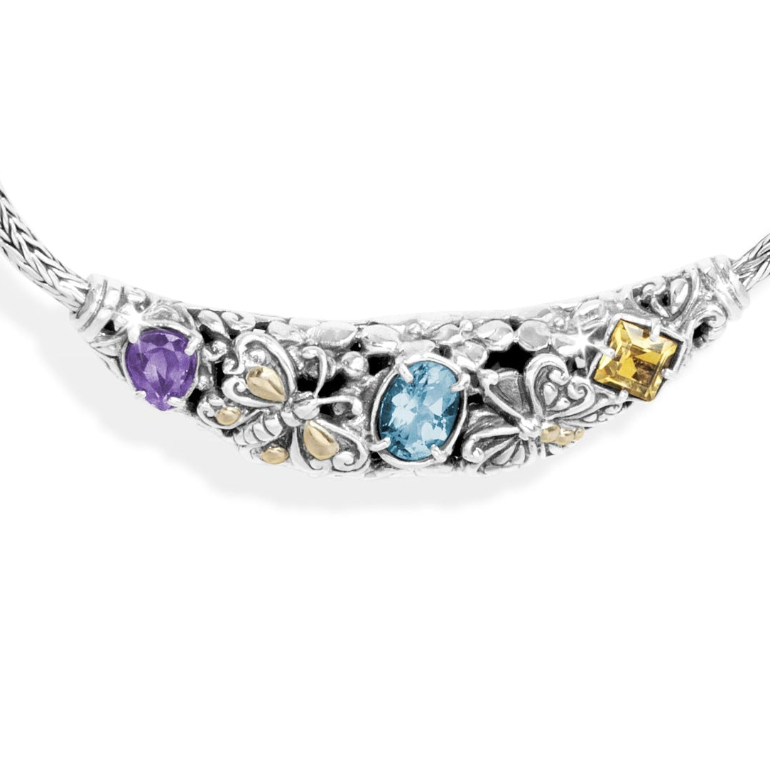 Balinese Butterfly Floral Carved Sterling Silver 925 Necklace with Blue Topaz, Amethyst, Citrine & 18K Gold Accents