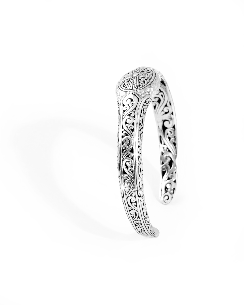 Balinese Floral Scroll Engraved Sterling Silver Cuff
