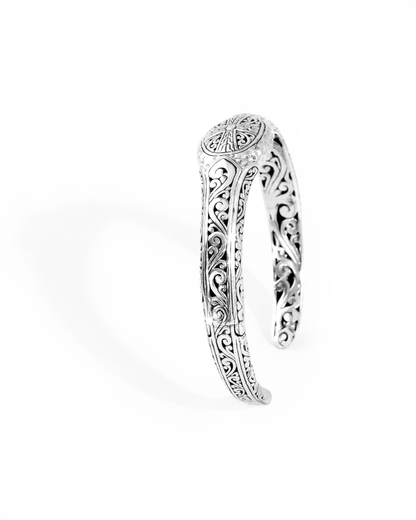 Balinese Floral Scroll Engraved Sterling Silver Cuff