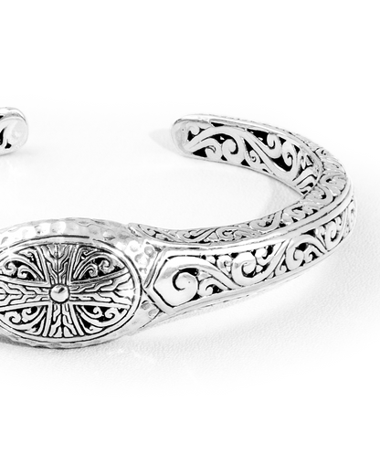 Balinese Floral Scroll Engraved Sterling Silver Cuff