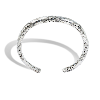 Balinese Geometric Batik Sterling Silver Cuff Bracelet with Intricate Scrollwork