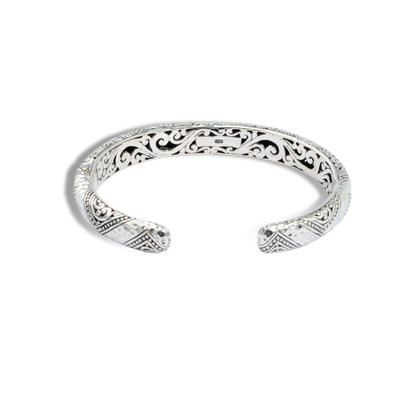 Balinese Geometric Batik Sterling Silver Cuff Bracelet with Intricate Scrollwork