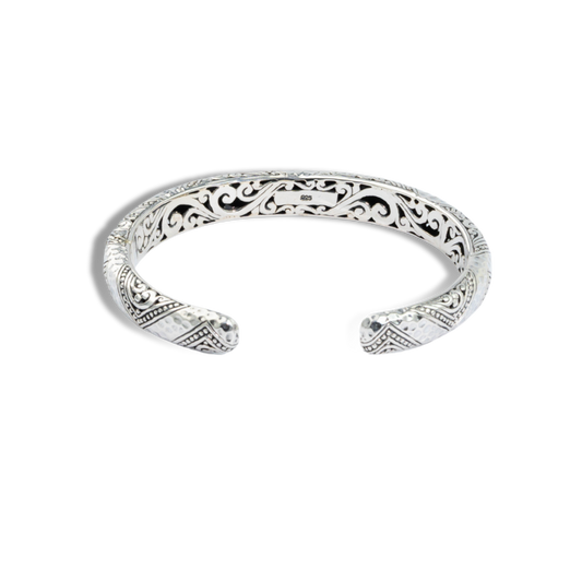 Balinese Geometric Batik Sterling Silver Cuff Bracelet with Intricate Scrollwork