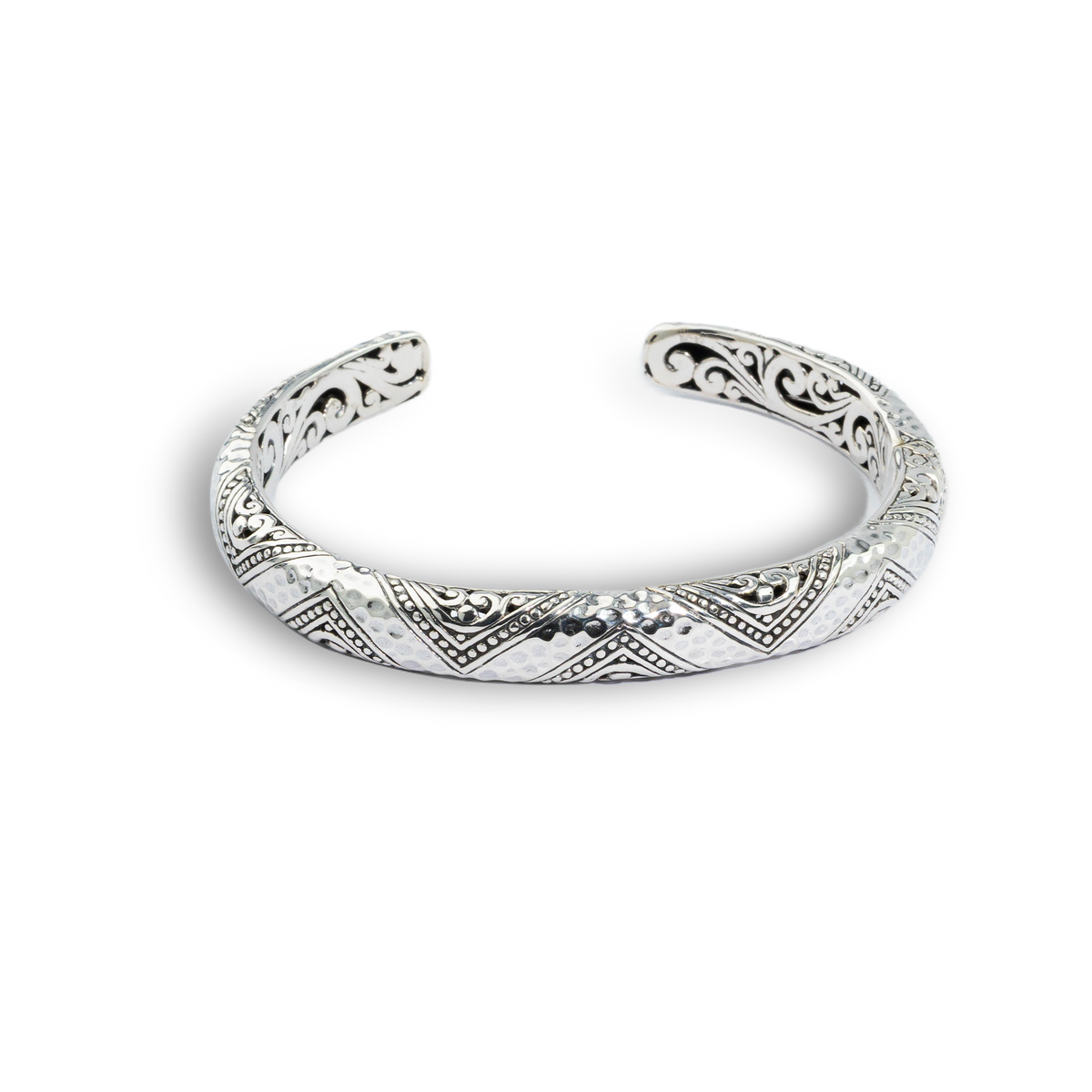 Balinese Geometric Batik Sterling Silver Cuff Bracelet with Intricate Scrollwork
