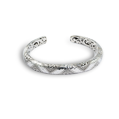 Balinese Geometric Batik Sterling Silver Cuff Bracelet with Intricate Scrollwork