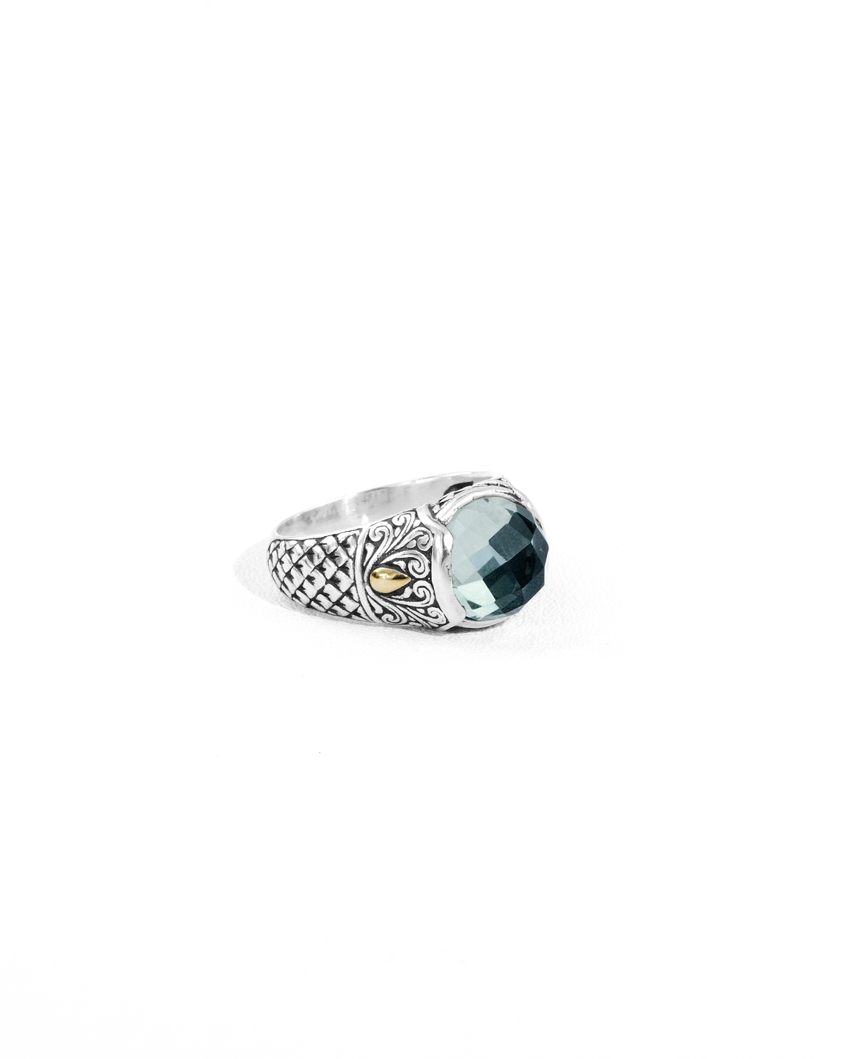 Green Amethyst Balinese Silver Ring with 18K Gold Accent