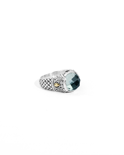 Green Amethyst Balinese Silver Ring with 18K Gold Accent
