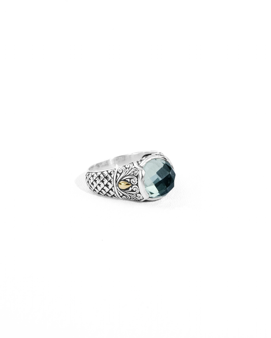 Green Amethyst Balinese Silver Ring with 18K Gold Accent