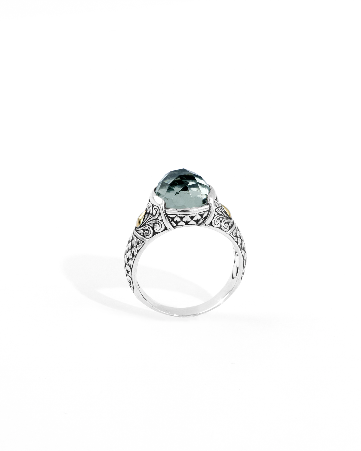 Green Amethyst Balinese Silver Ring with 18K Gold Accent