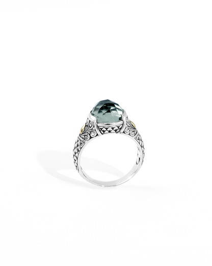 Green Amethyst Balinese Silver Ring with 18K Gold Accent