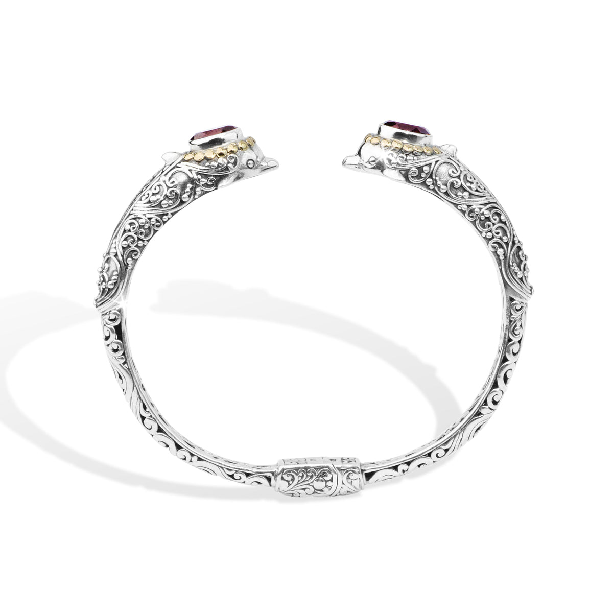 Dolphin-Inspired Balinese Sterling Silver Cuff Bracelet with Garnet and 18K Gold Accents