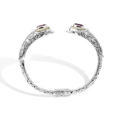 Dolphin-Inspired Balinese Sterling Silver Cuff Bracelet with Garnet and 18K Gold Accents