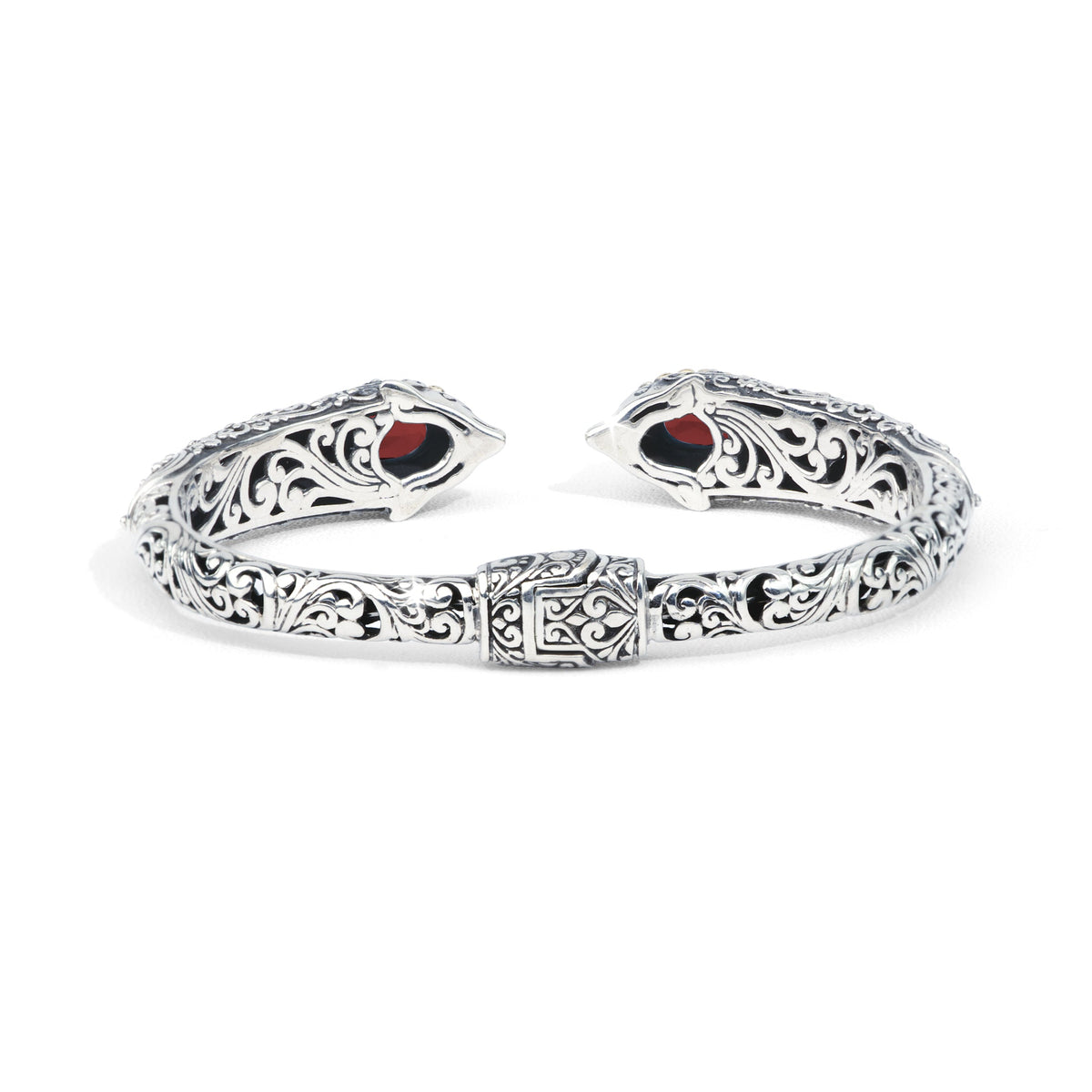 Dolphin-Inspired Balinese Sterling Silver Cuff Bracelet with Garnet and 18K Gold Accents
