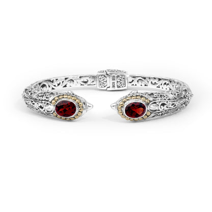 Dolphin-Inspired Balinese Sterling Silver Cuff Bracelet with Garnet and 18K Gold Accents