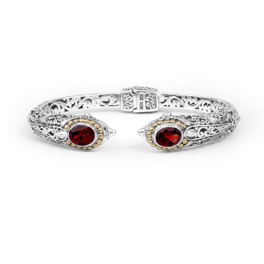Dolphin-Inspired Balinese Sterling Silver Cuff Bracelet with Garnet and 18K Gold Accents