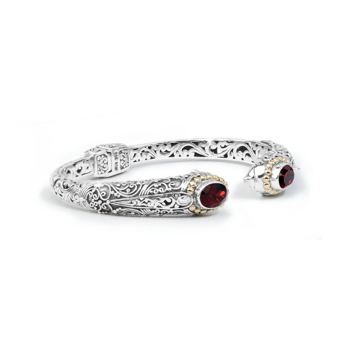 Dolphin-Inspired Balinese Sterling Silver Cuff Bracelet with Garnet and 18K Gold Accents