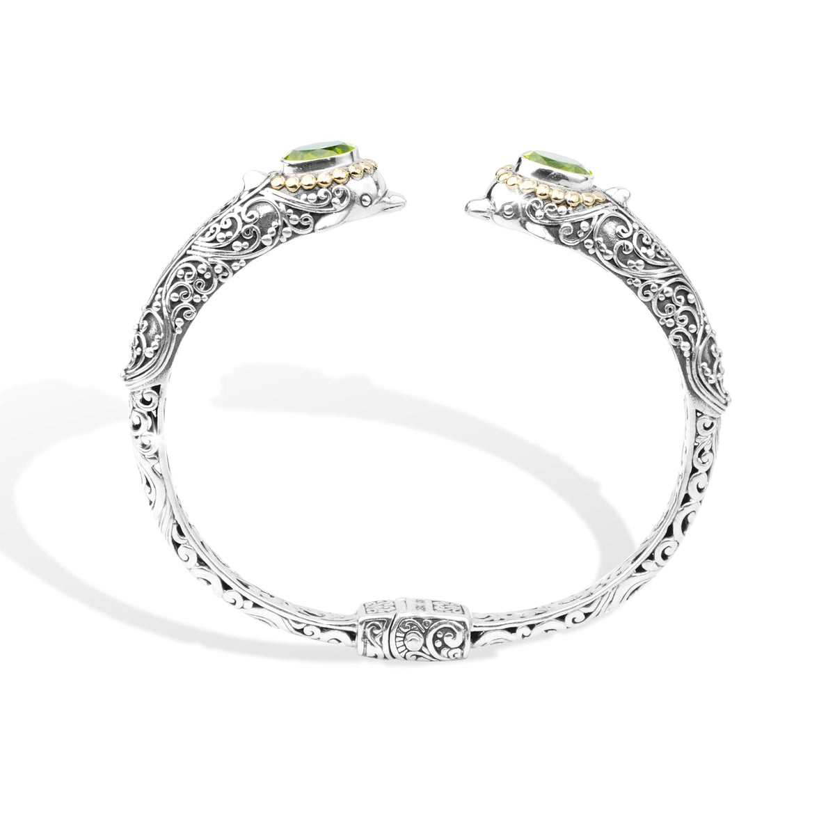 Dolphin-Inspired Balinese Sterling Silver Cuff Bracelet with Peridot and 18K Gold Accents