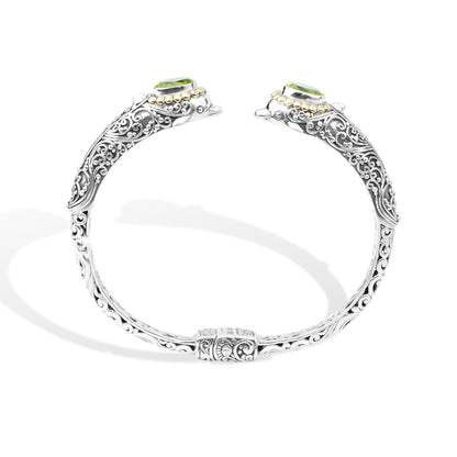 Dolphin-Inspired Balinese Sterling Silver Cuff Bracelet with Peridot and 18K Gold Accents