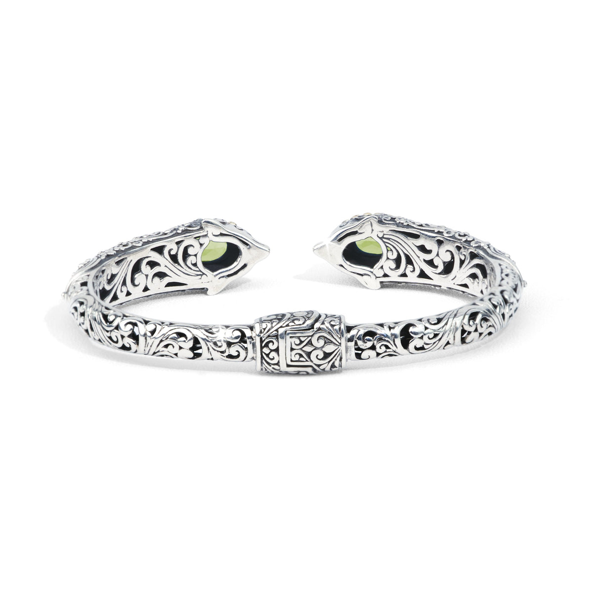 Dolphin-Inspired Balinese Sterling Silver Cuff Bracelet with Peridot and 18K Gold Accents