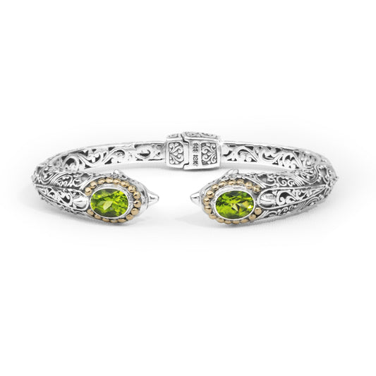 Dolphin-Inspired Balinese Sterling Silver Cuff Bracelet with Peridot and 18K Gold Accents