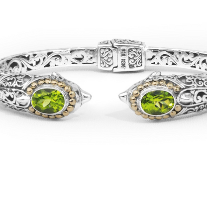 Dolphin-Inspired Balinese Sterling Silver Cuff Bracelet with Peridot and 18K Gold Accents