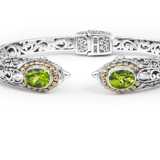 Dolphin-Inspired Balinese Sterling Silver Cuff Bracelet with Peridot and 18K Gold Accents