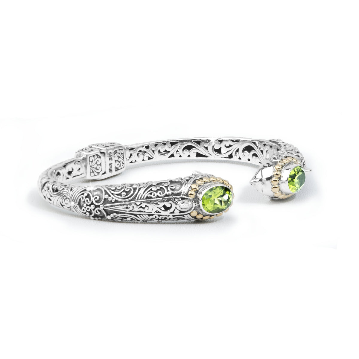 Dolphin-Inspired Balinese Sterling Silver Cuff Bracelet with Peridot and 18K Gold Accents