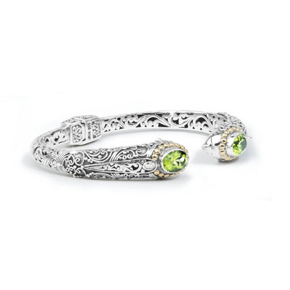 Dolphin-Inspired Balinese Sterling Silver Cuff Bracelet with Peridot and 18K Gold Accents
