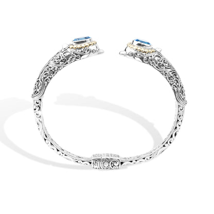 Dolphin-Inspired Balinese Sterling Silver Cuff Bracelet with Blue Topaz and 18K Gold Accents