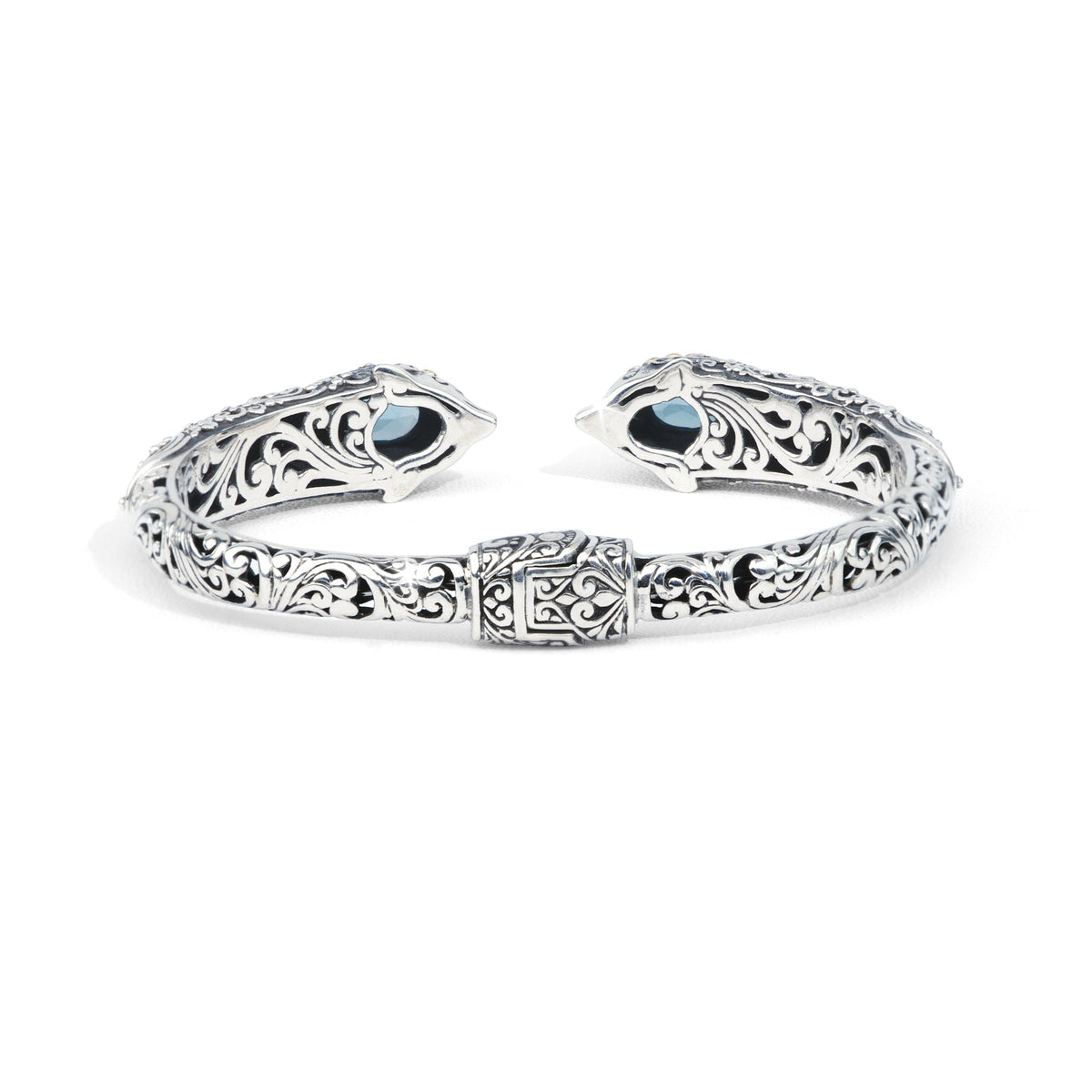 Dolphin-Inspired Balinese Sterling Silver Cuff Bracelet with Blue Topaz and 18K Gold Accents